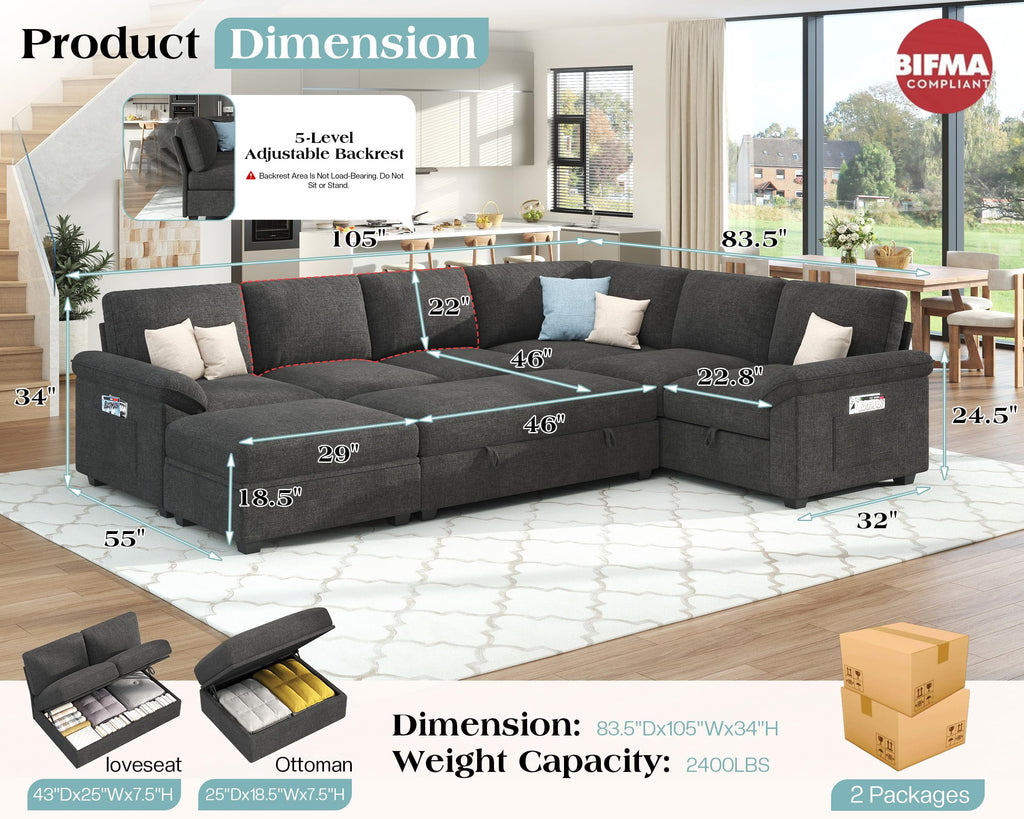 Papajet 105" Sofa Bed, Sectional Sleeper Sofa with Pull Out Bed/Reclining Backrest, 6 Seater Sleeper Couch Bed with Storage, Chenille Dark Gray