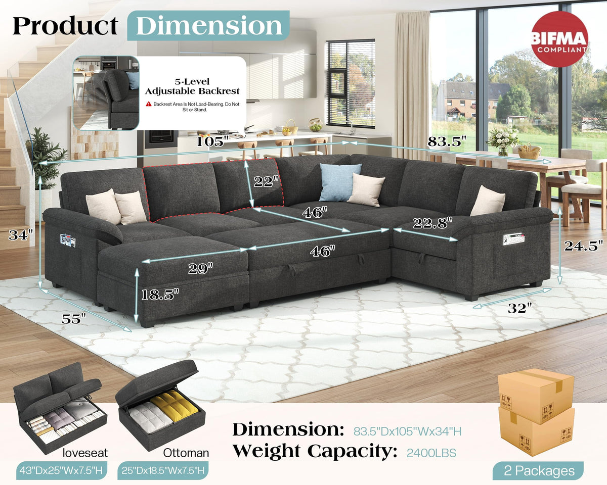 Papajet 105" Sofa Bed, Sectional Sleeper Sofa with Pull Out Bed/Reclining Backrest, 6 Seater Sleeper Couch Bed with Storage, Chenille Dark Gray