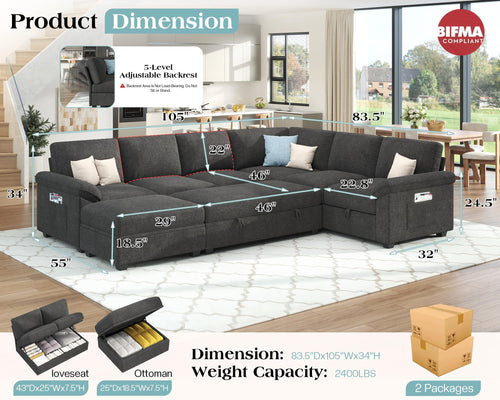 Papajet 105" Sofa Bed, Sectional Sleeper Sofa with Pull Out Bed/Reclining Backrest, 6 Seater Sleeper Couch Bed with Storage, Chenille Dark Gray