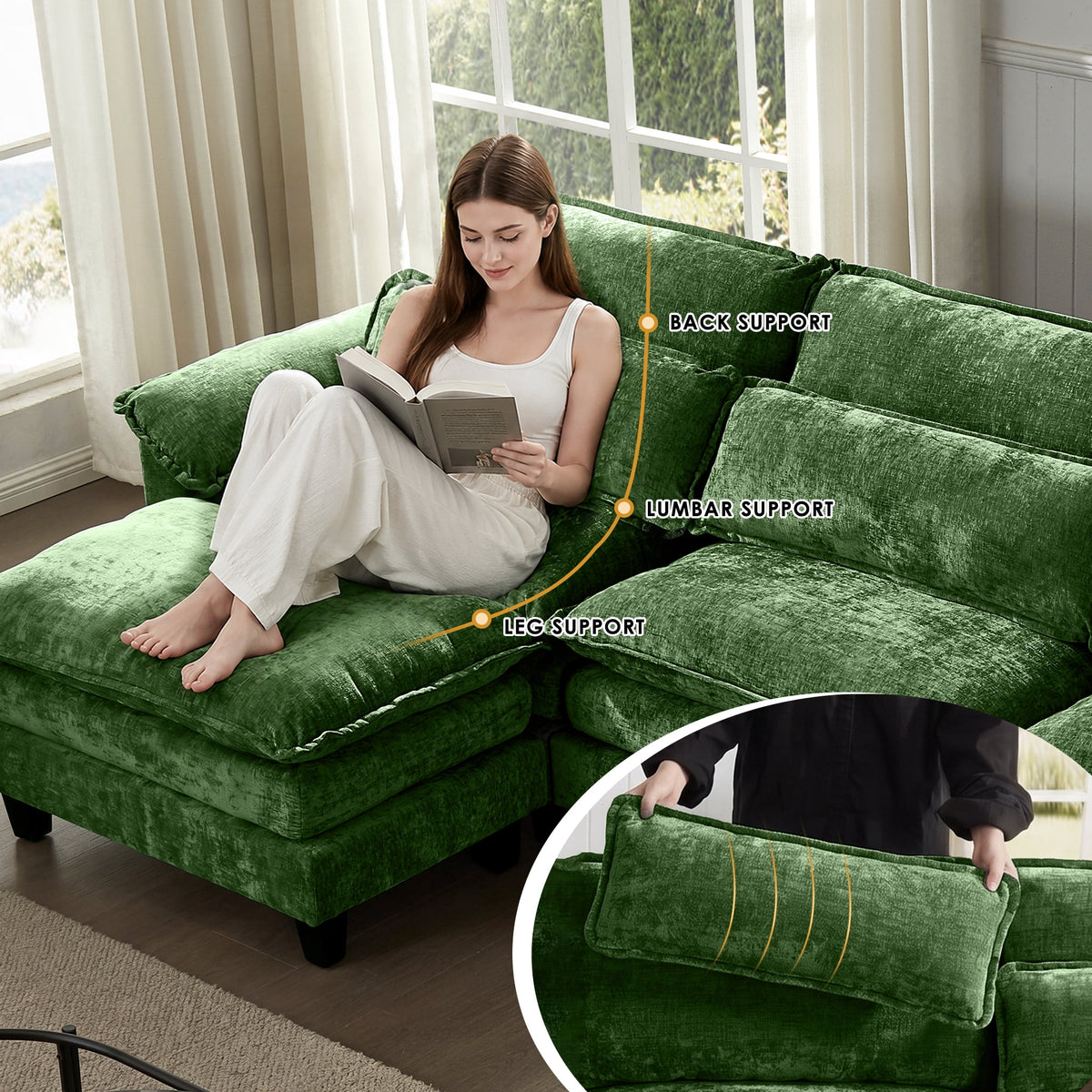 AISWORD 157" U Shaped Cloud Couch Sectional, Oversized Modular Sofa with USB Charging, Hidden Storage, Cup Holders & Double Chaise for Living Room, Green