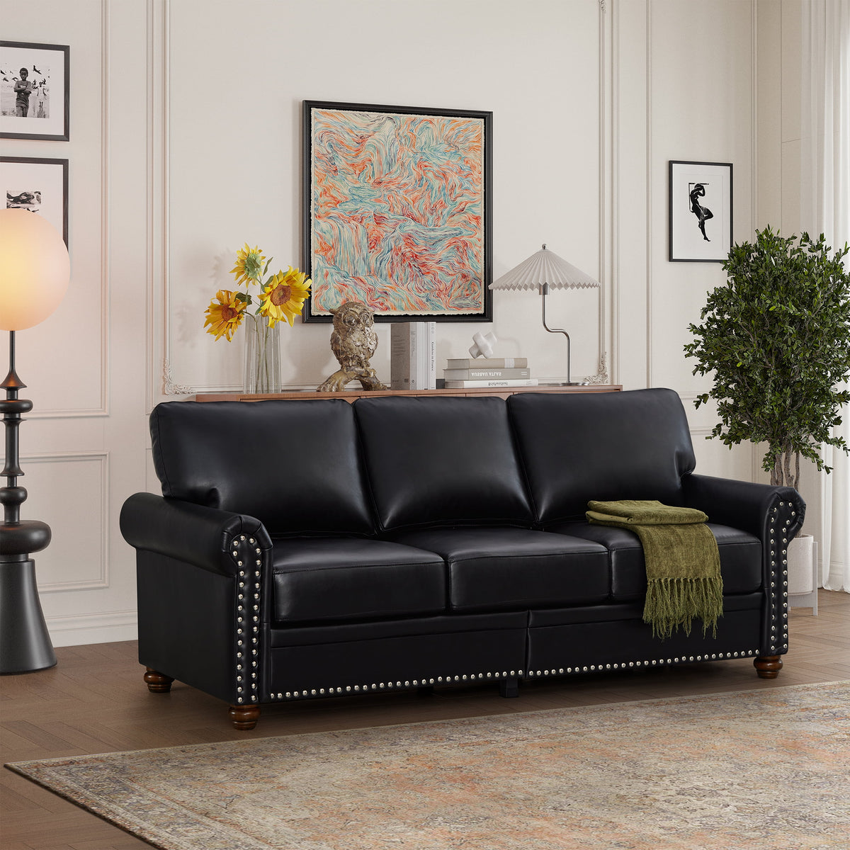 Classic Faux Leather Sofa, 3 Seaters Upholstered Couch with Nailhead Trim and Removable Cushions for Living Room Office Apartment
