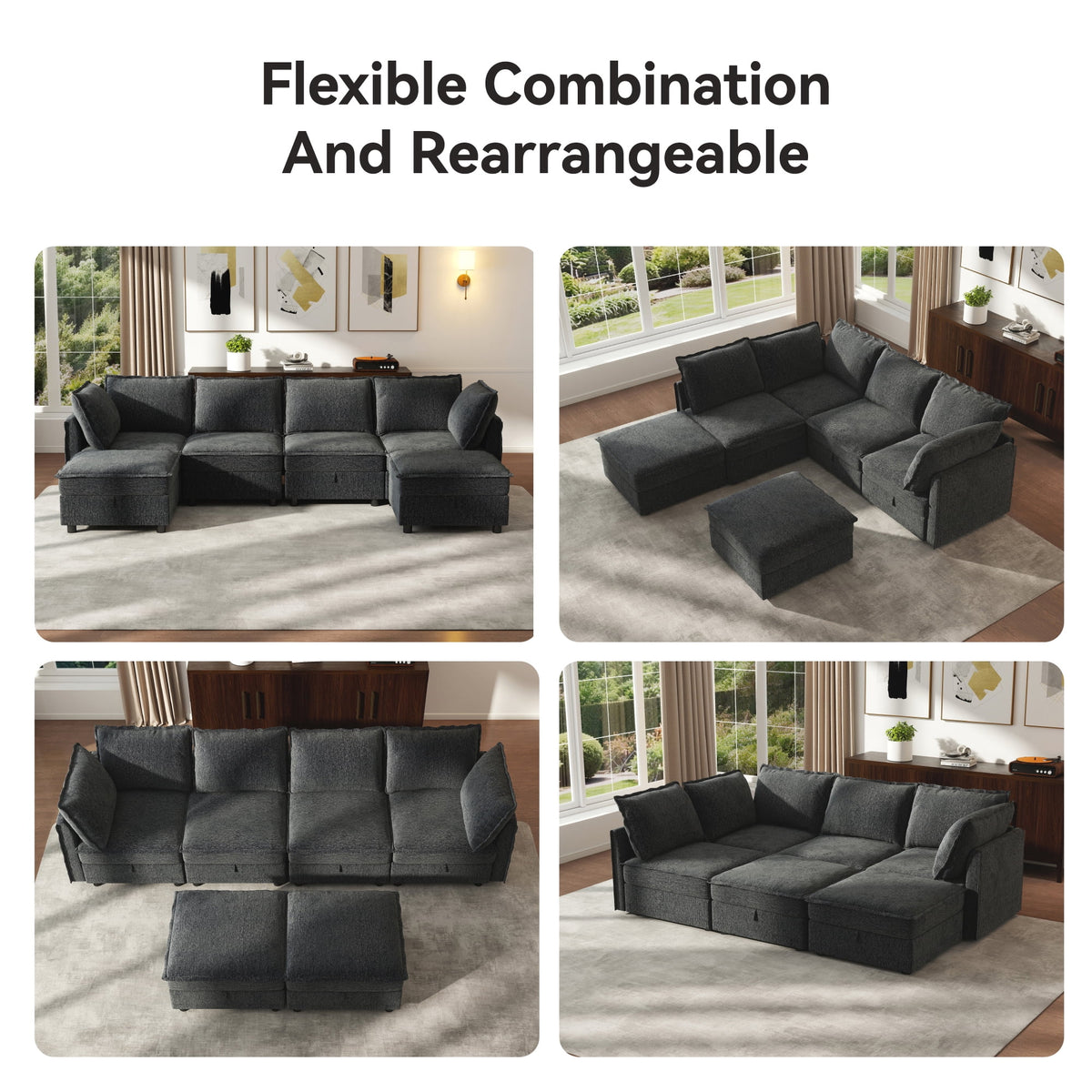  126" Modular Sectional Sofa with Storage, U-Shaped Modern Sleeper Sofa Couch with Movable Ottomans for Living Room, Office, Dark Gray