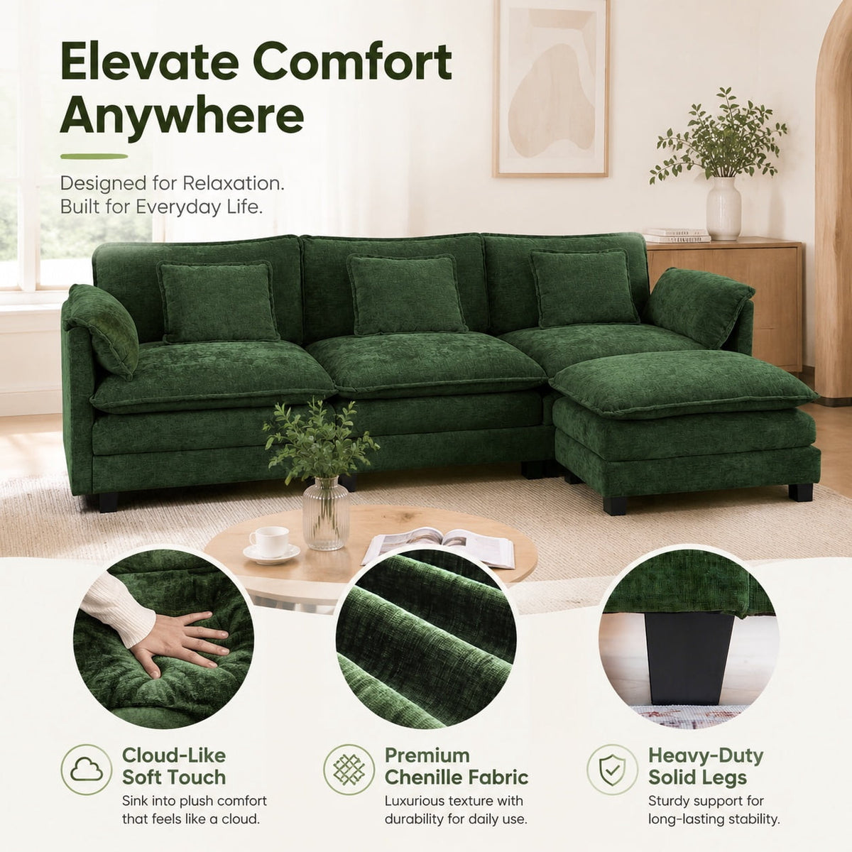 JULY'S SONG 113" L Shaped Couch Set, Deep Seat Modular Sectional Sofa with Movable Ottoman, Plush Couches and Sofas Detachable Cushions, Chenille Sectionals for Living Room, Green