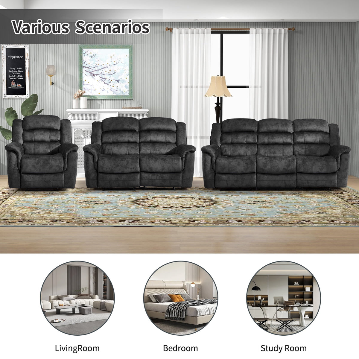  3-Piece Fabric Manual Recliner Sofa Set, Single Chair, Loveseat & 3-Seat Couch for Living Room Furniture