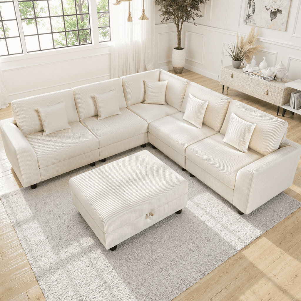 Advwin 146" Oversized Corduroy Modular Sectional Sofa, 6-Seat Convertible Sleeper Sofa with Ottoman & 5 Pillows, Modern L-Shaped Lounge Couch for Living Rooms, Beige