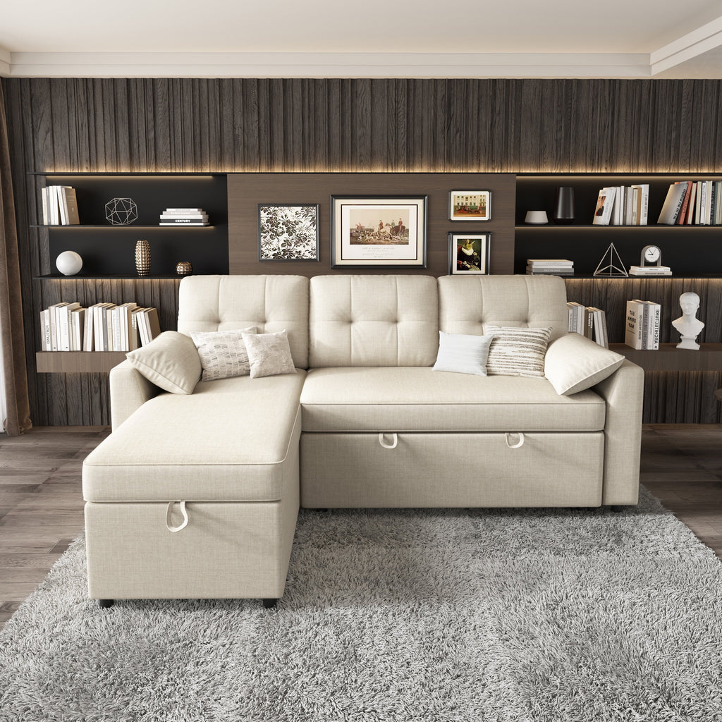 VANACC Sectional Sofa Bed with Storage and Soft Seat ,Reversible Pull Out Couch for Living Room,Beige