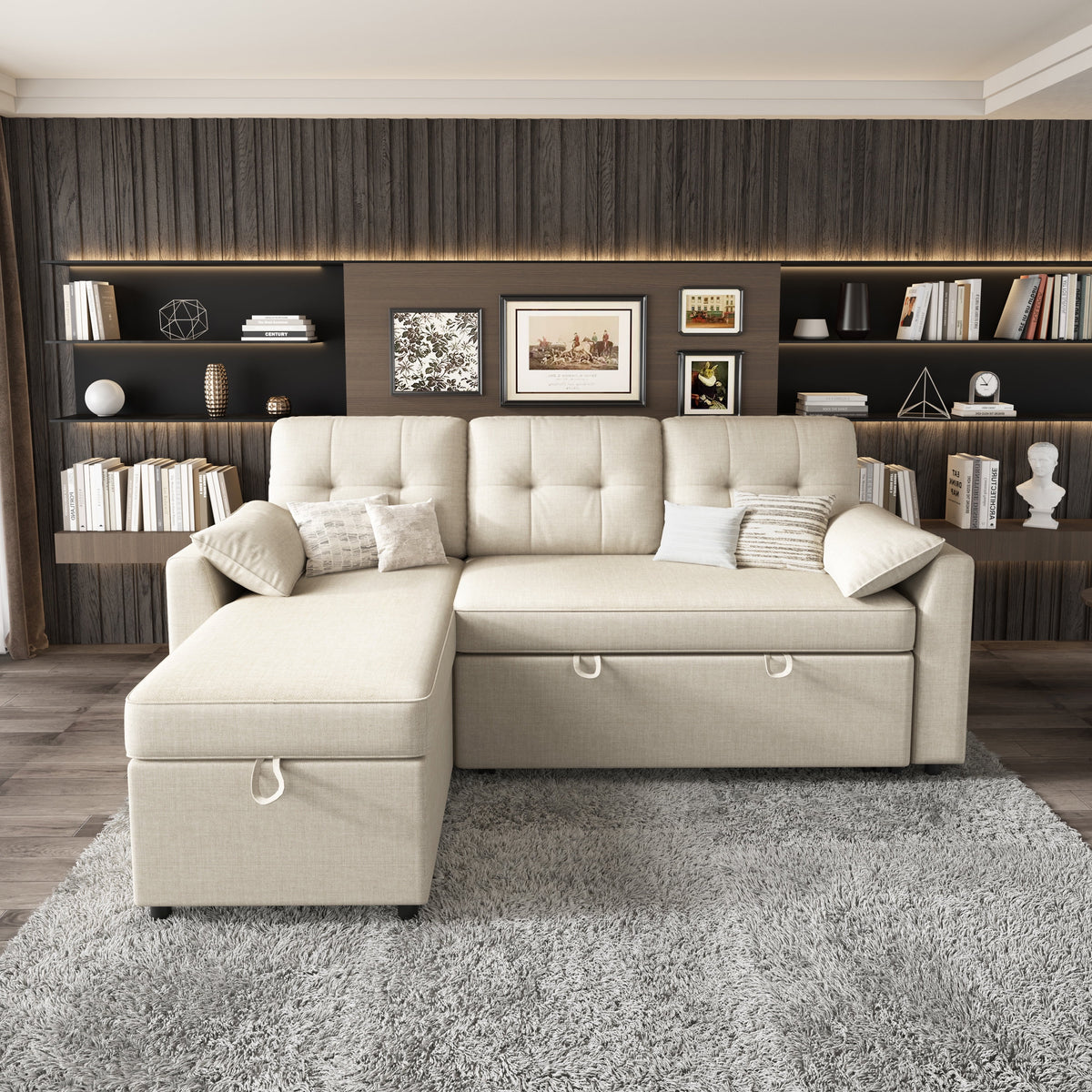 VANACC Sectional Sofa Bed with Storage and Soft Seat ,Reversible Pull Out Couch for Living Room,Beige