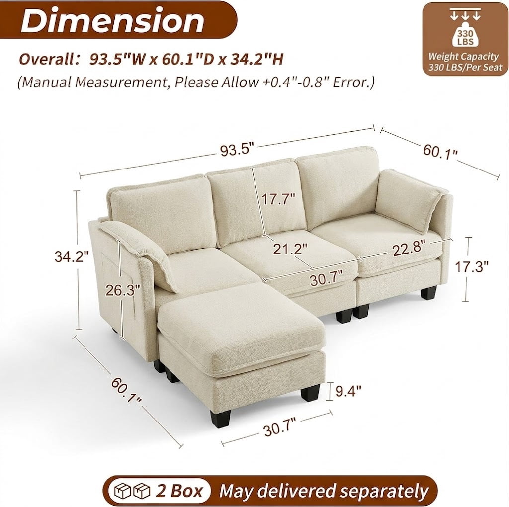  97-inch L-shaped Sofa, Upholstered Deep Seat Sofa with Cotton-Linen Brushed Fabric, Ottoman & Side pocket, 3-Seater Sofa for Living Room, Beige