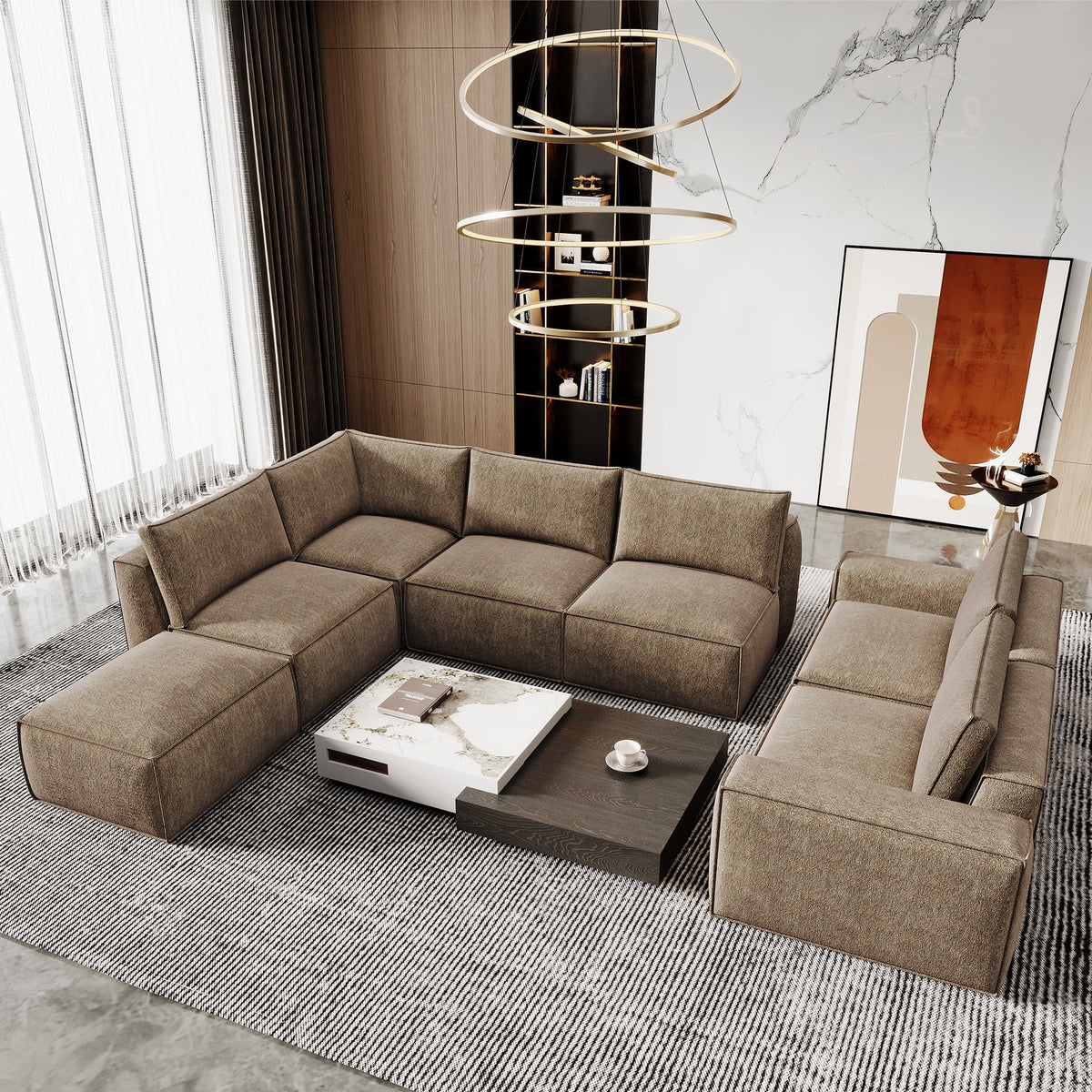 175" Oversized Boneless Couch for Living Room, Modern Modular Sectional, Convertible, U Shaped, Deep Seat, Big Comfy Sofa Set with Ottoman,Brown
