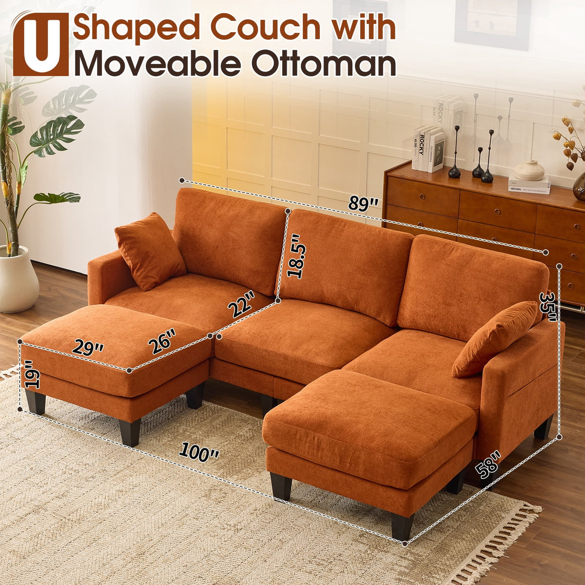  U-Shaped Sofa with 2 Removeable Ottoman Footrests, Flannel Deep Seating Couch for 3, Converts to Sleeper for Bedroom Living Room Furniture Orange