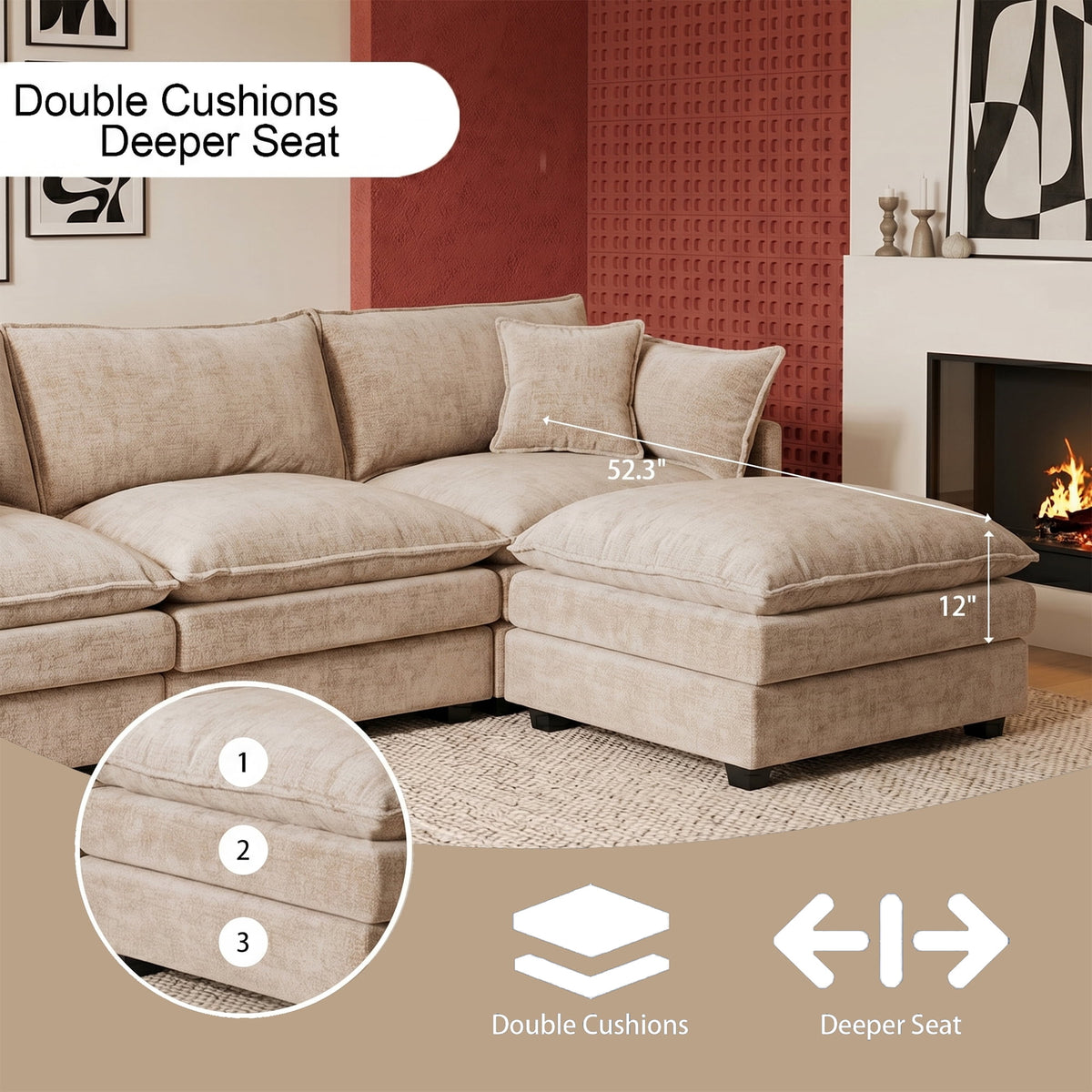 Eyisean 102" Chenille Modular Sectional Sofa with Ottoman, 3-Seater L Shape Cloud Couch with Upholstered & Pillow, Comfy Sleeper Sofa for Living Room, Bedroom, Office, Easy Assembly