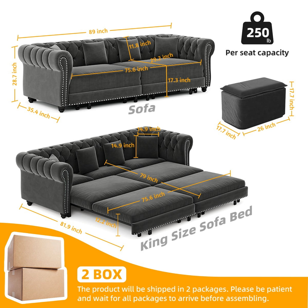 89'' Pull Out Sofa Bed King, Chesterfield Velvet Sleeper Sofa, Convertible L-Shaped Futon Couch, Tufted Back, 4 Pillows, Ottoman, Deep Seat Loveseat Couches for Living Room, Apartment, Gray