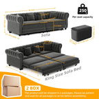 89'' Pull Out Sofa Bed King, Chesterfield Velvet Sleeper Sofa, Convertible L-Shaped Futon Couch, Tufted Back, 4 Pillows, Ottoman, Deep Seat Loveseat Couches for Living Room, Apartment, Gray