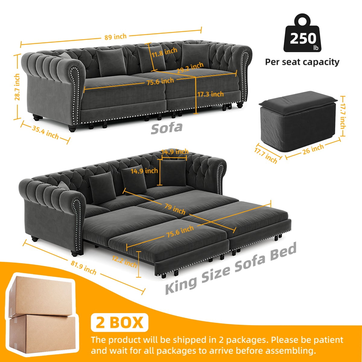 89'' Pull Out Sofa Bed King, Chesterfield Velvet Sleeper Sofa, Convertible L-Shaped Futon Couch, Tufted Back, 4 Pillows, Ottoman, Deep Seat Loveseat Couches for Living Room, Apartment, Gray