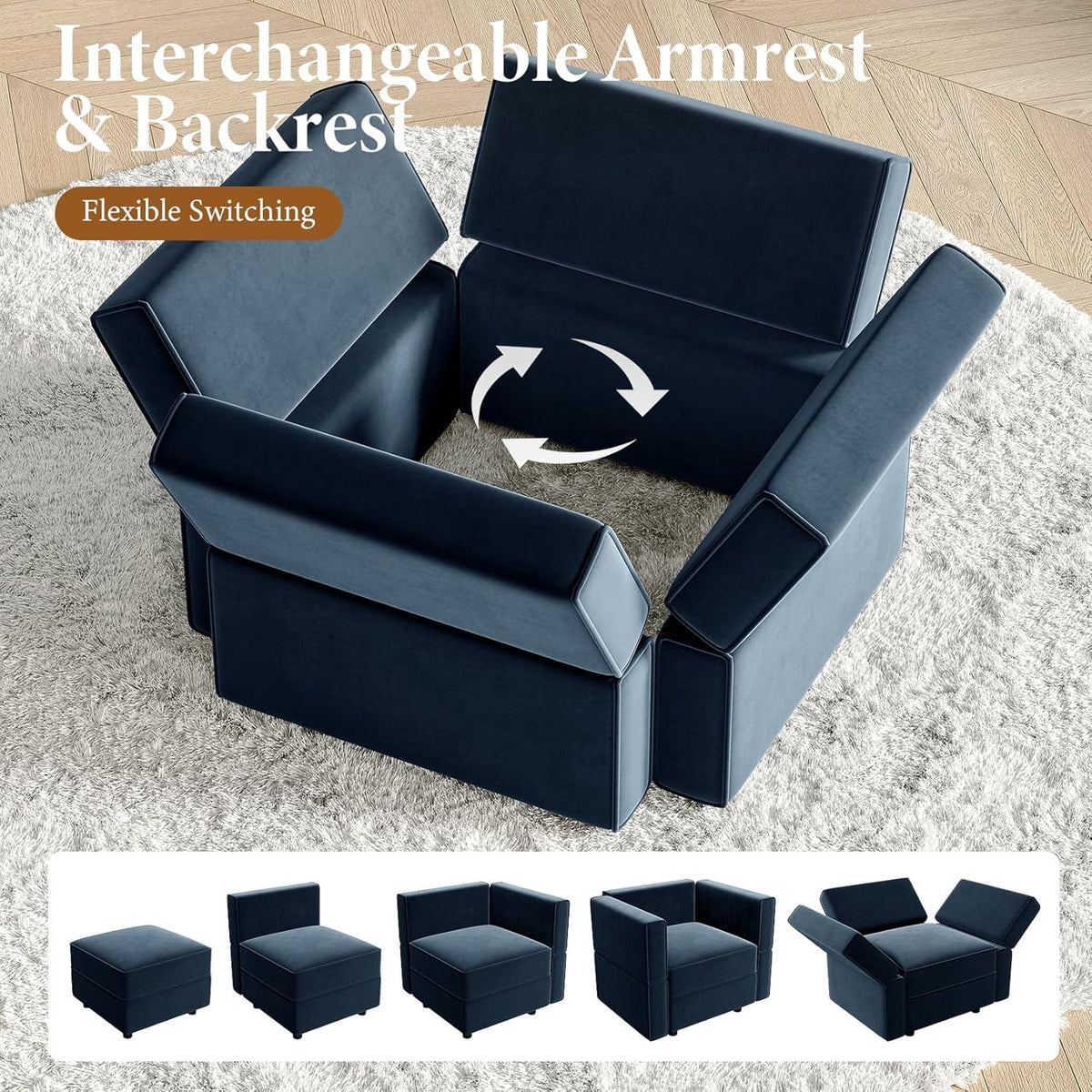  Sectional Couches with Storage Seats, 118" L Shaped Convertible Modular Sectional Sofa, 4 Seat & 1 Ottoman Velvet Storage Chaises Deep Seat Couch for Living Room, Bedroom, Apartment, Blue