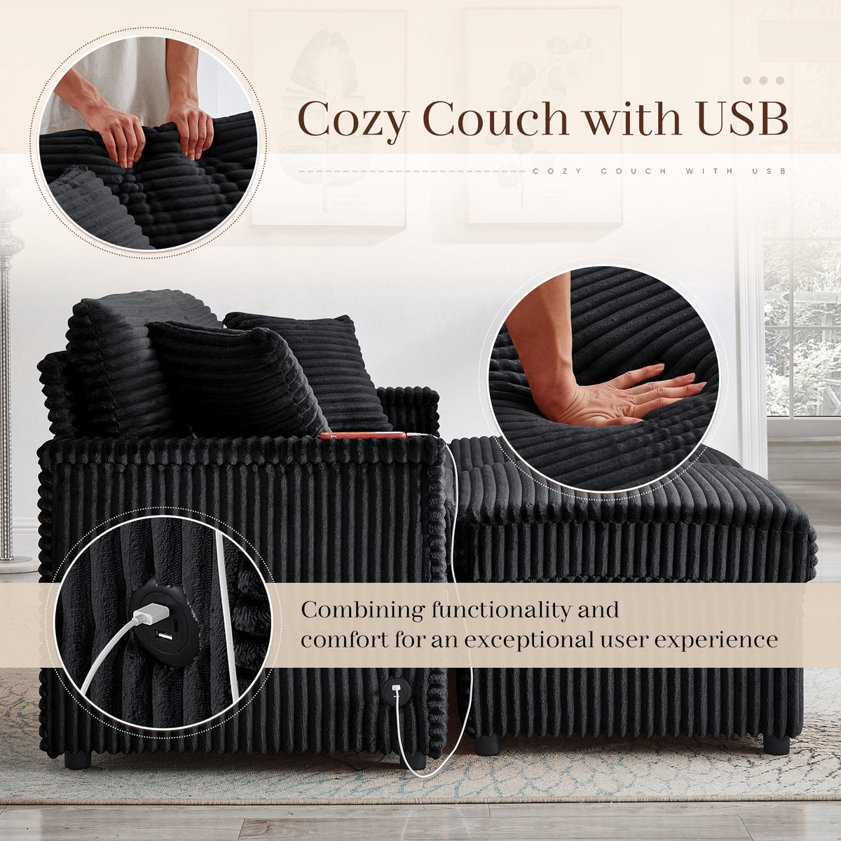 Muumblus Loveseat Sectional Sofa with 2 Storage Ottomans, Modular Cloud Couch with 2 Side Tables & USB, Plush Double Chaise Lounge Sofa Bed Indoor, Black Corduroy