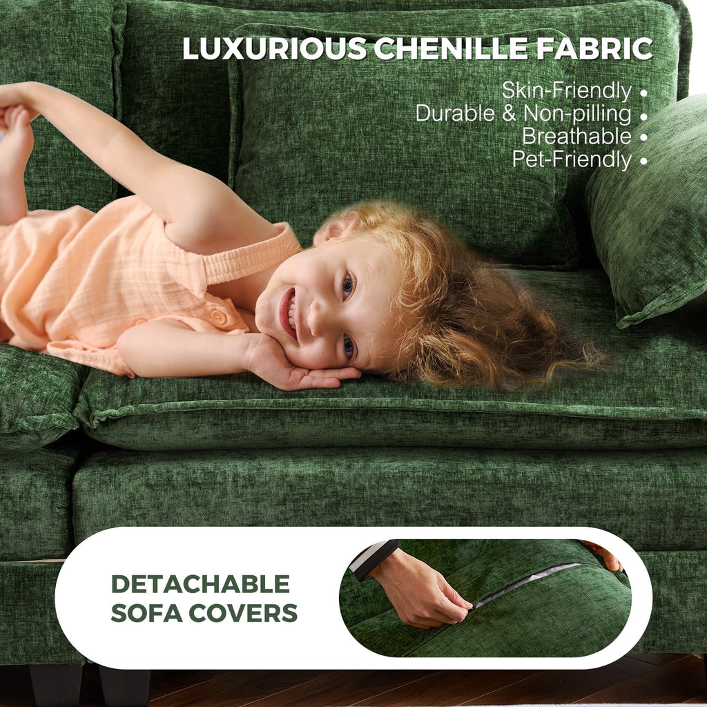CDCASA 113" Modular Sectional Sofa with Movable Ottoman, 4-Seat Large L Shaped Couch with Deep Seat, Comfy Chenille Sectionals for Living Room, Green