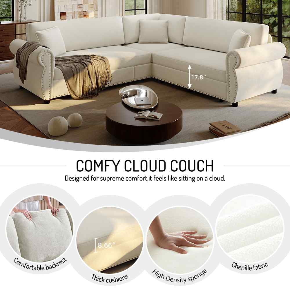 FFH 88.2" Sectional Sofa with Pull Out Bed, Convertible Sleeper Sofa, 5 Seater Chenille Couch for Living Room, Beige