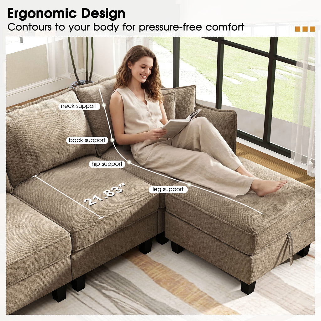  112" Modular Sectional Sofa with 2 Moveable Storage Ottoman, Cloud Couch Seats 6, Modern Living Room Furniture, Chenille Brown