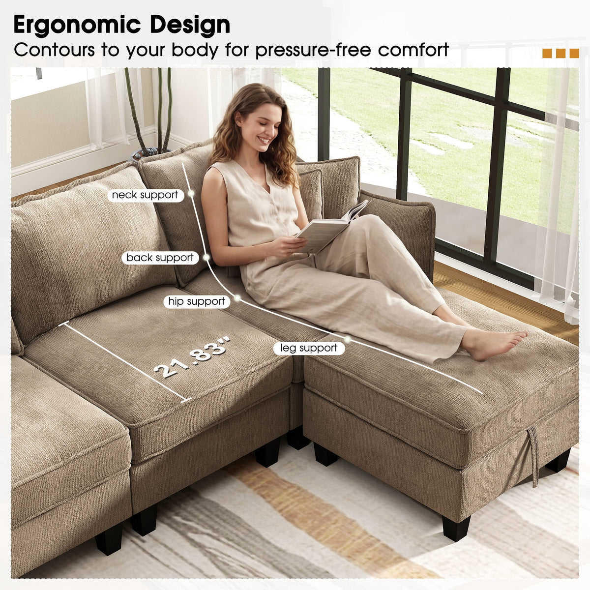  112" Modular Sectional Sofa with 2 Moveable Storage Ottoman, Cloud Couch Seats 6, Modern Living Room Furniture, Chenille Brown