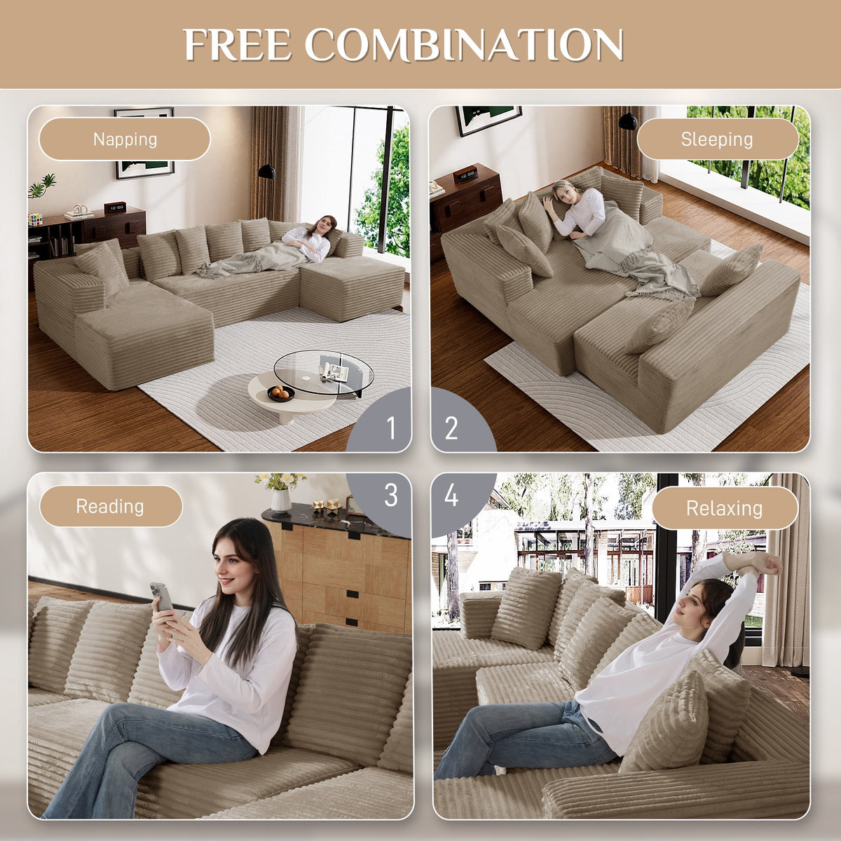 Wiilayok 131" U Shaped Sectional Sofa with Deep Seat Chaise,Corduroy Modular Cloud Sofa Couch for Living Room,4 Seat,Light Camel