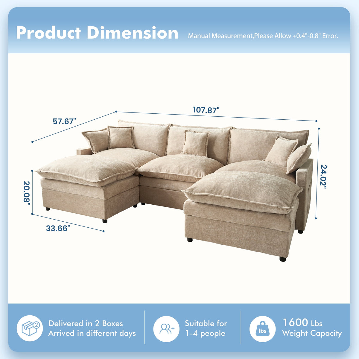 Toject 107.87" Modular Sectional Sofa U Shaped Cloud Couch, Chenille 4 Seat Deep Seat Sofa with 2 Movable Ottomans for Living Room Bedroom Apartment, Oatmeal