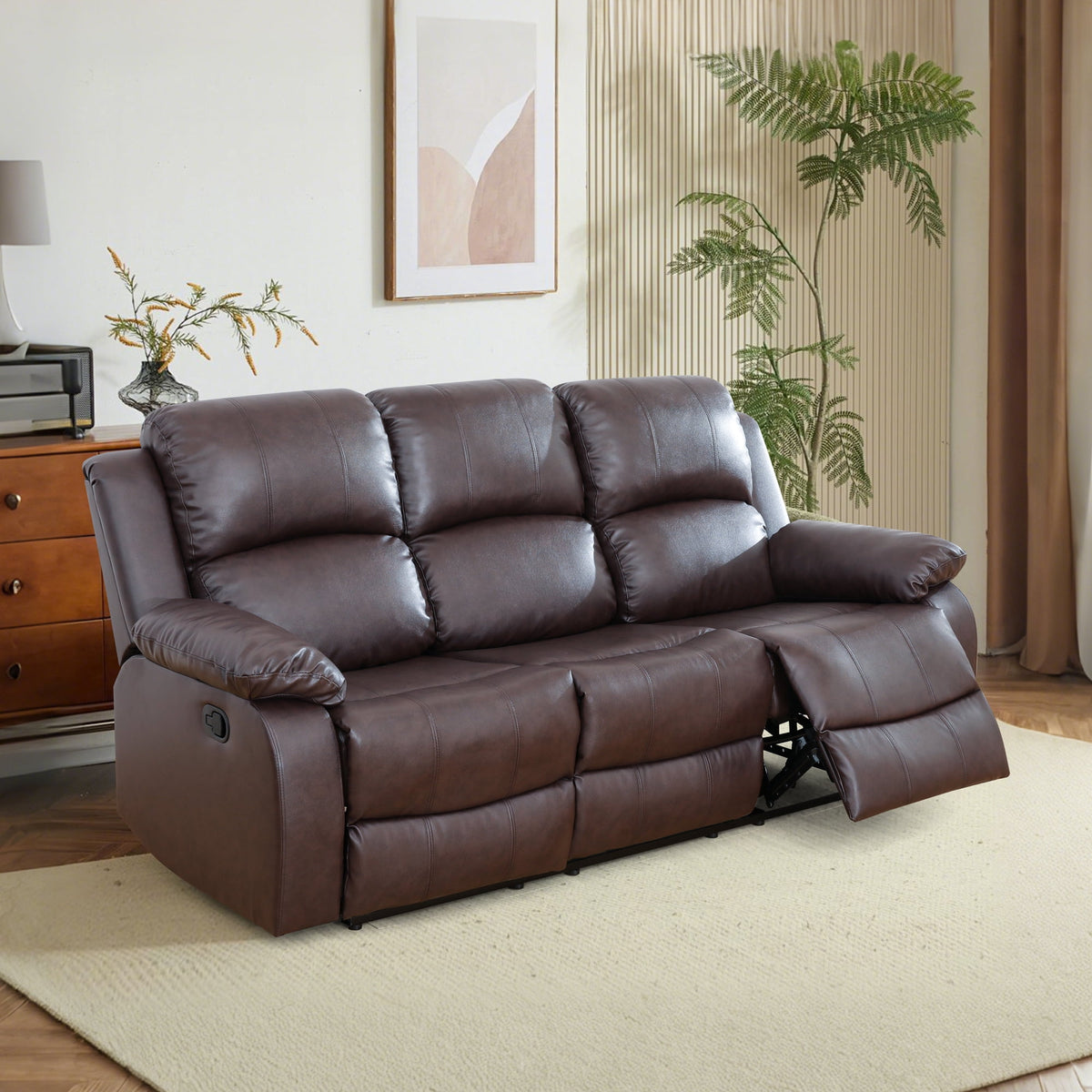  Brown 3-Seater Reclining Sofa - Air Leather Upholstery with High-Elastic Sponge for Living Room & Office
