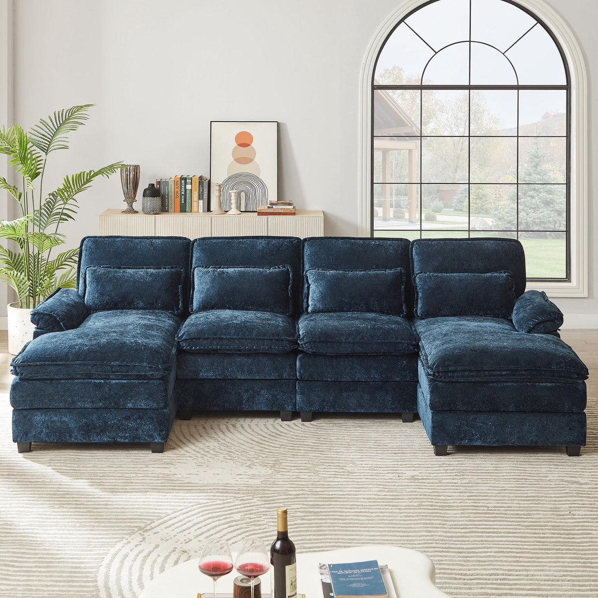  Oversized Sectional Sofa U Shaped Couch 4 Seat with 4 Waist Pillows,Chenille Upholstery Symmetrical Sleeper Sofa Cloud Couch with Double Chaise Lounge for Living Room Apartment Office