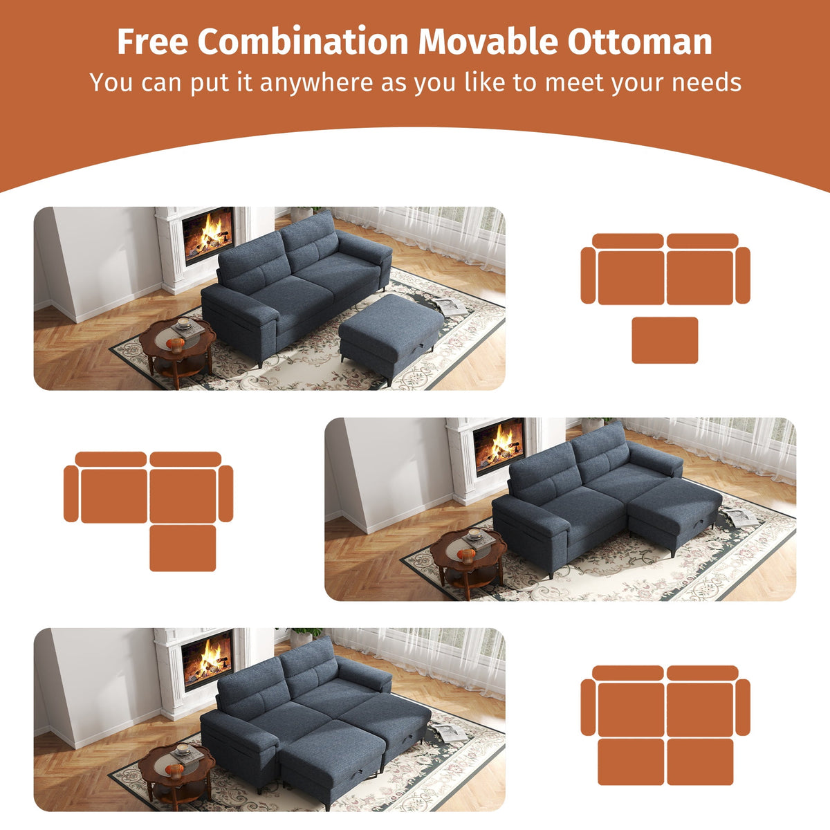 88" Loveseat Sofa with Storage Ottoman Adjustable Armrest 3-Seat L-Shaped Sectional Couch for Living Room Blue