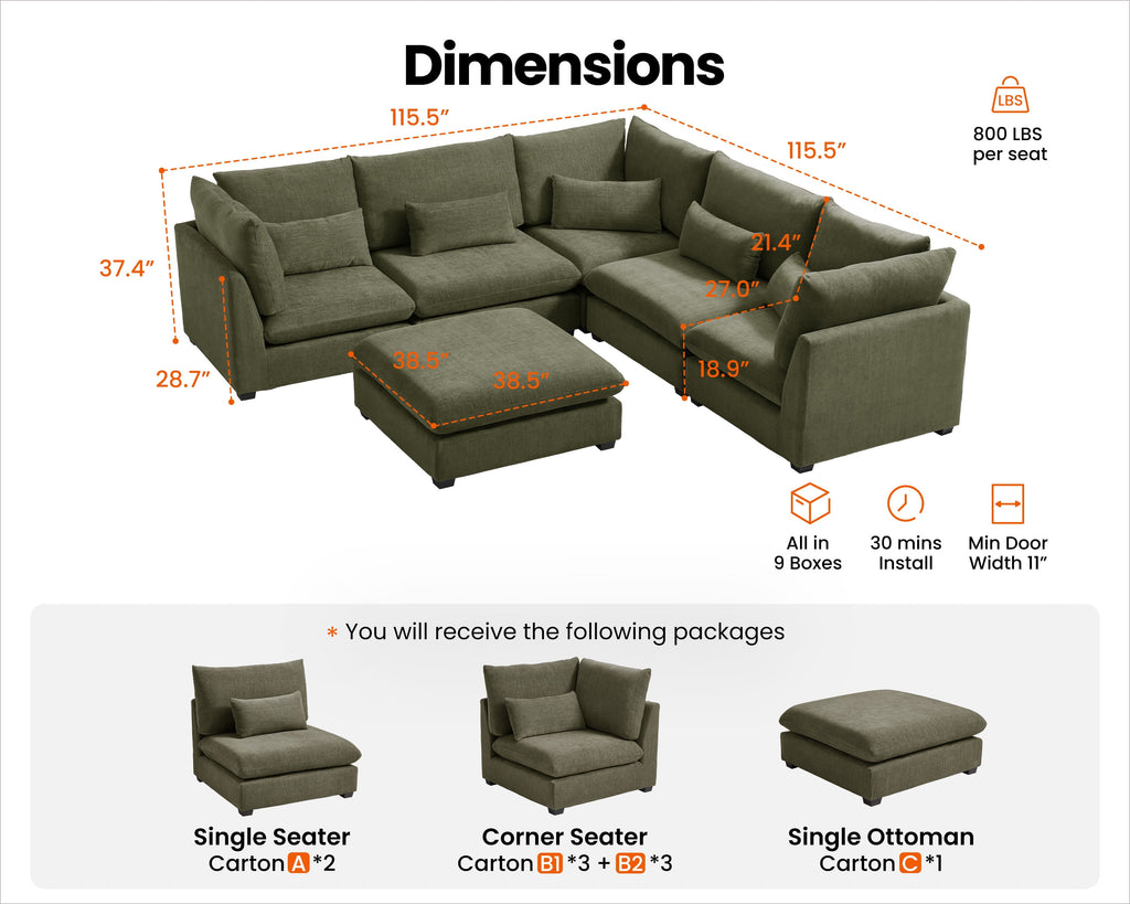 CHIC HOUSE Oversized Modular Sofa,Extra Deep Cloud Corduroy Sectional Couch with Ottoman Chaise,FSC Certified Fluffy Chenille Corner V Shape Sofa for Living Room,Villa
