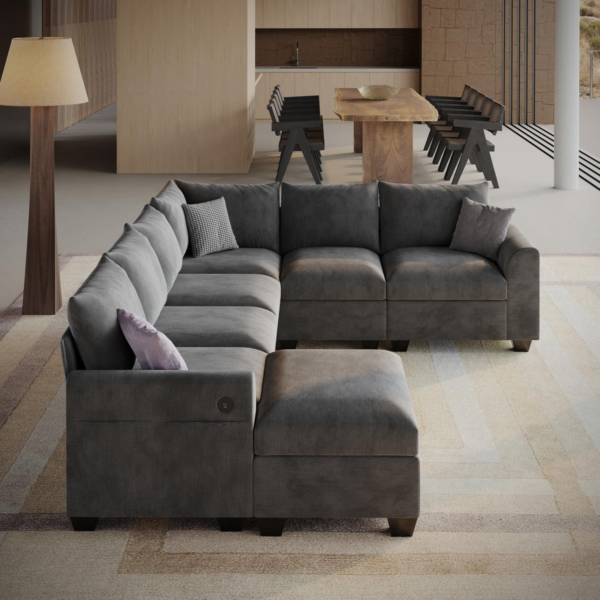 120" 7-Seater L-Shaped Sectional Couch, Modern Chenille V-Shaped Corner Sofa with Storage Ottoman & USB Ports, Modular Sofa for Living Room