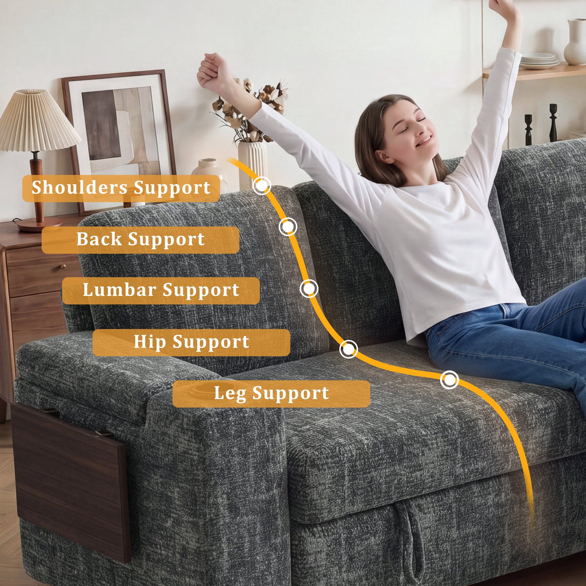 110" Modular Sectional Sleeper Sofa with Pull Out Bed, 7 Seat Plush L Shaped Couch with Storage Chaise|USB Ports|Cup Holders|Side Table|Storage Armrests, Tool Free Assembly, Chenille Fabric Dark Gray