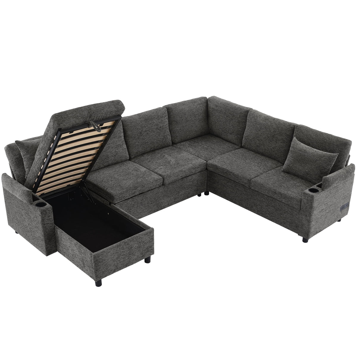109.9" Sectional Sofa Versatile Sofa Bed Sleeper U-shaped with Storage,Two Cup Holders and Charging Ports for Living Room,Grey