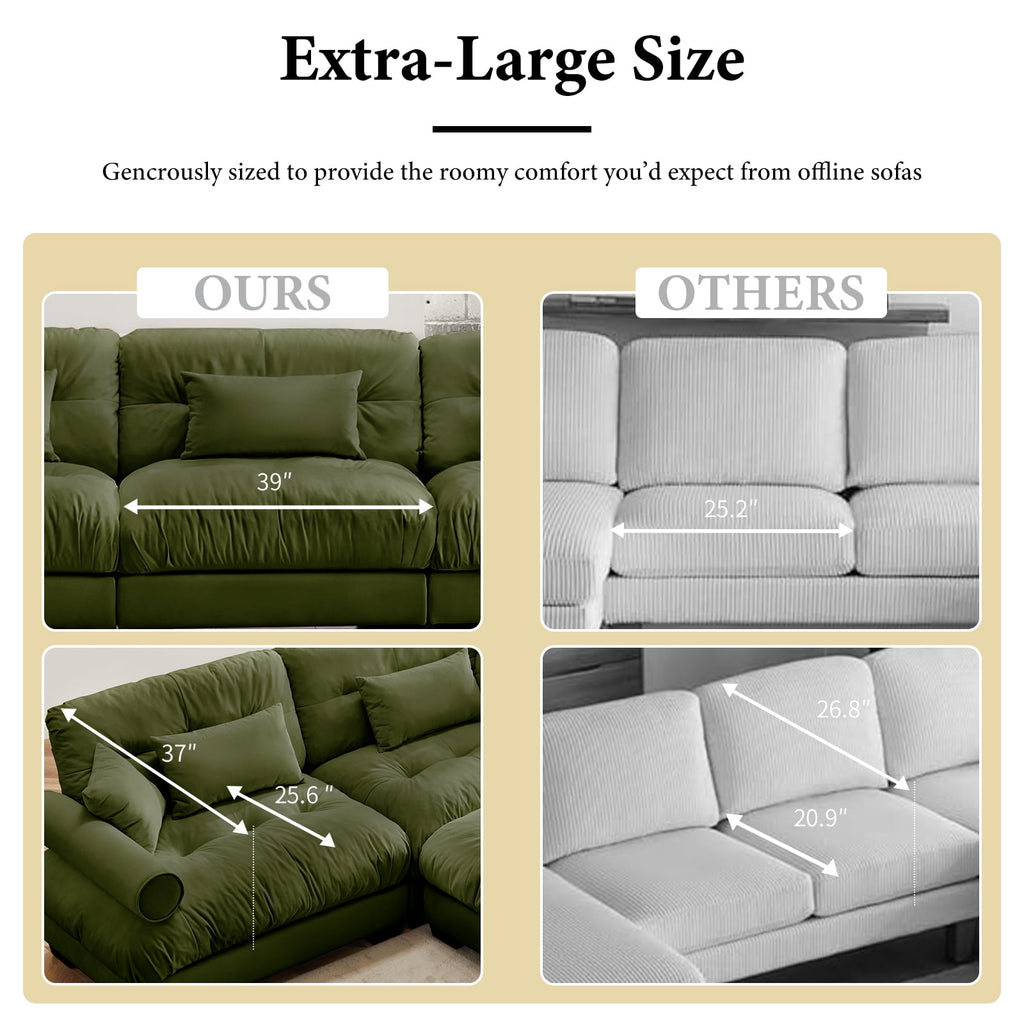 130"Oversized Couch, 3 Seater Modular Sectional Sofa, Olive Green Large U Shaped Sectional Couches for Living Room, Fluffy Couch Set, 3 Seater, Velvet Cloud Couch with Ottoman, Sofas for Living Room