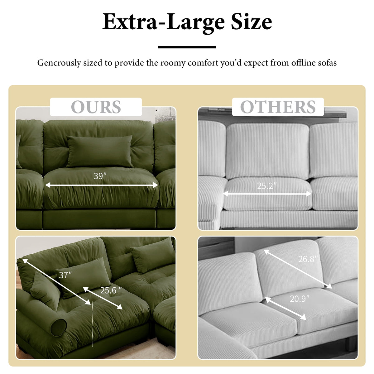 130"Oversized Couch, 3 Seater Modular Sectional Sofa, Olive Green Large U Shaped Sectional Couches for Living Room, Fluffy Couch Set, 3 Seater, Velvet Cloud Couch with Ottoman, Sofas for Living Room