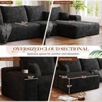 Muumblus 107" Cloud Sectional Sofa with Left Chaise, Cozy U-Shaped Modular Sofa with Ottoman, Plush Corduroy Sleeper Bed Couch, No Assembly Required, Black