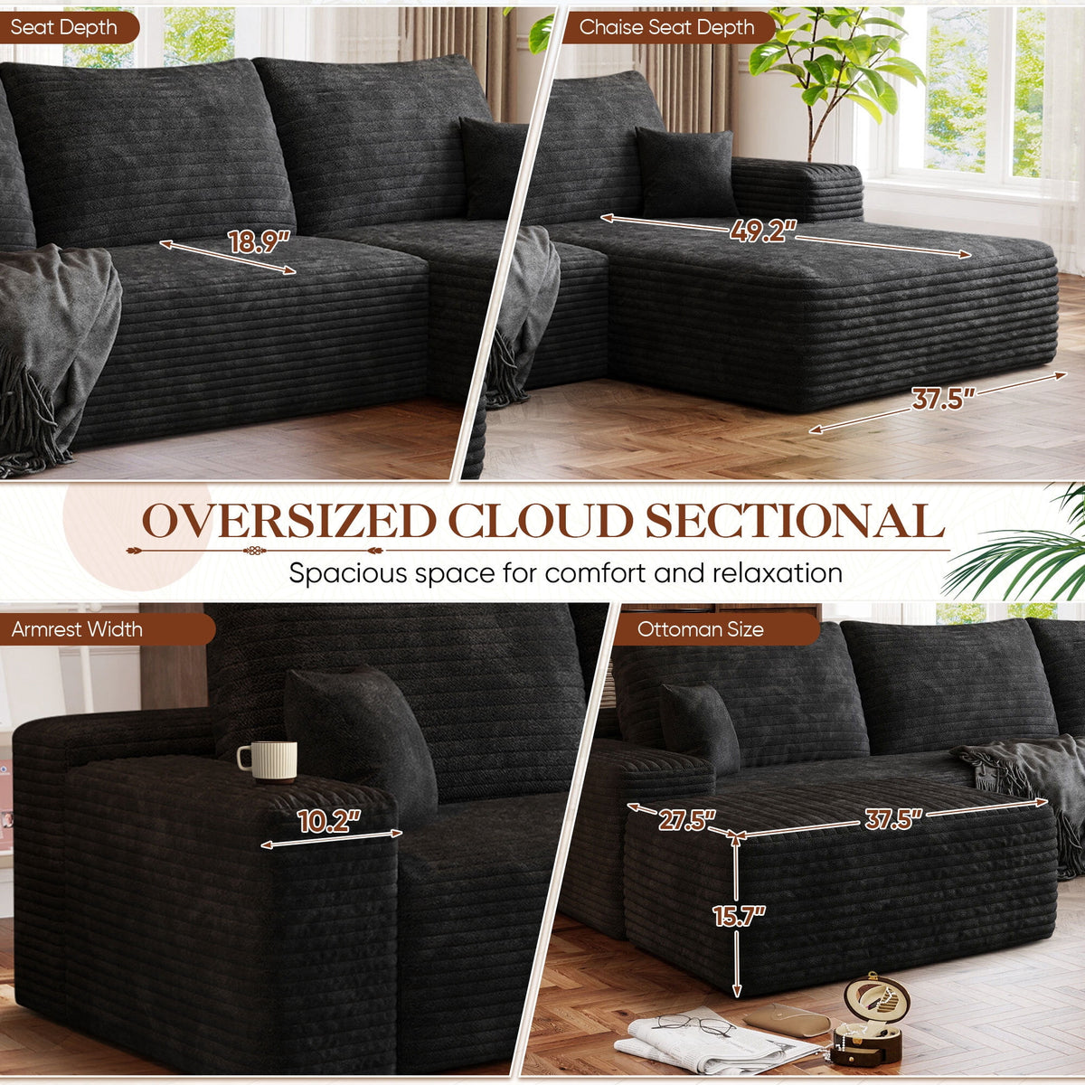 Muumblus 107" Cloud Sectional Sofa with Left Chaise, Cozy U-Shaped Modular Sofa with Ottoman, Plush Corduroy Sleeper Bed Couch, No Assembly Required, Black