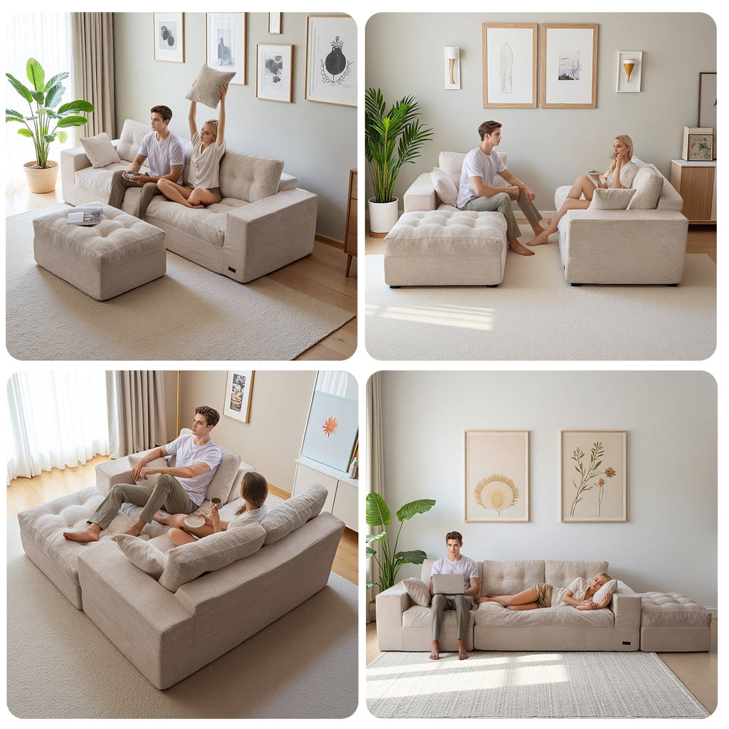 BYBYME 104"Oversized L-Shaped Sectional Sofa Cloud Boneless Modular Couch,Upholstered Sofa with Convertible Left/Right Ottoman for Living Room Bedroom,No Assembly,Beige