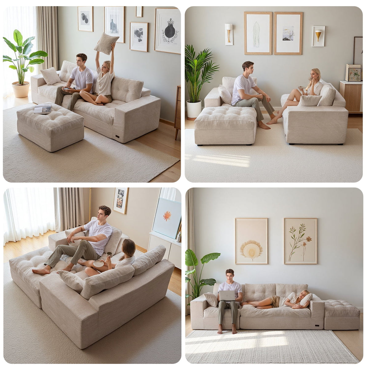 BYBYME 104"Oversized L-Shaped Sectional Sofa Cloud Boneless Modular Couch,Upholstered Sofa with Convertible Left/Right Ottoman for Living Room Bedroom,No Assembly,Beige