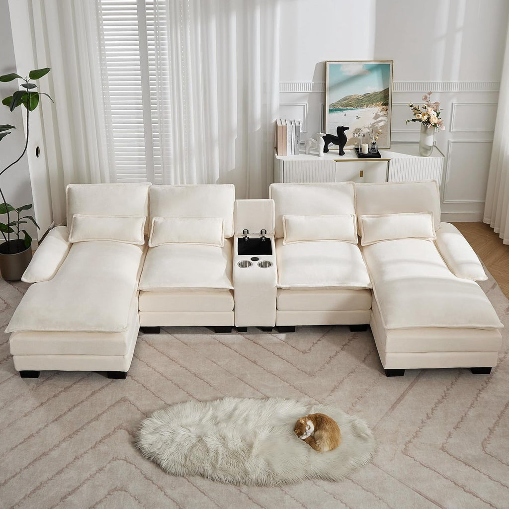 125'' U Shaped Cloud Modular Sectional Sofa with Chaise Lounges, Chenille Upholstered Comfy Couch with Storage Console, USB Charging Ports & Cup Holders, Modern Deep Seat Sofa for Living Room, Beige
