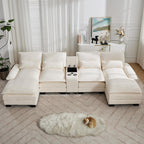 125'' U Shaped Cloud Modular Sectional Sofa with Chaise Lounges, Chenille Upholstered Comfy Couch with Storage Console, USB Charging Ports & Cup Holders, Modern Deep Seat Sofa for Living Room, Beige