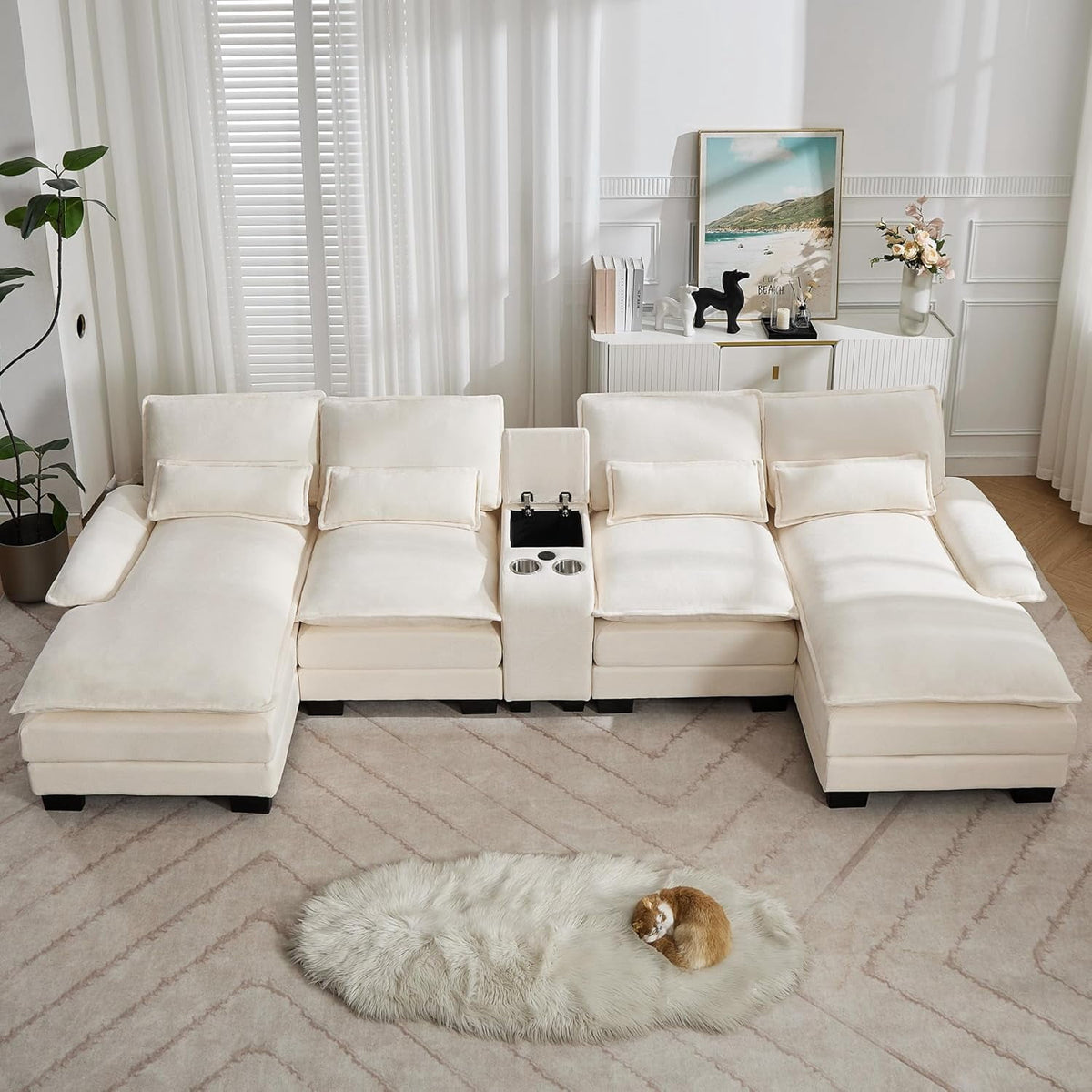 125'' U Shaped Cloud Modular Sectional Sofa with Chaise Lounges, Chenille Upholstered Comfy Couch with Storage Console, USB Charging Ports & Cup Holders, Modern Deep Seat Sofa for Living Room, Beige