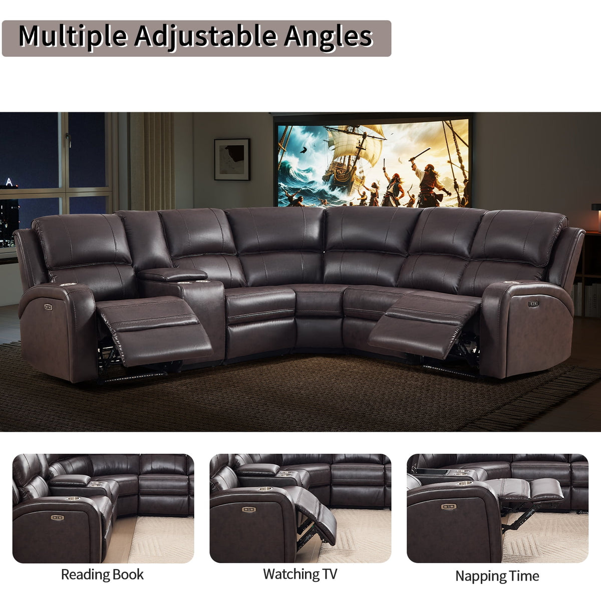  Power Reclining Sectional Sofa with LED Lights ? Faux Leather L-Shape Sectional with Dual Power Recliners, Storage Console & Cup Holders