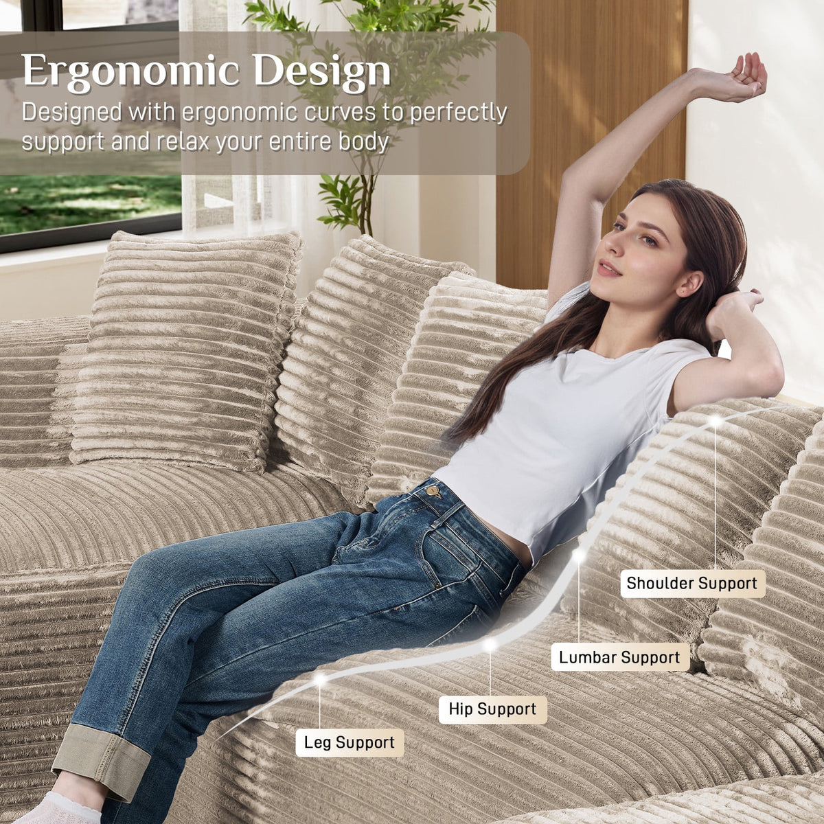 Wiilayok 131" U Shaped Sectional Sofa with Deep Seat Chaise,Corduroy Modular Cloud Sofa Couch for Living Room,4 Seat,Light Camel