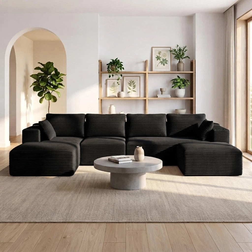 U-Shape Sectional Sofa, 135'' Modular Sectional Couch with Chaise Lounge, Couch Comfy Corduroy Floor Sofa for Living Room, Corduroy Upholstered 4-Seater Sofa with Pillow Back and Square Arms,