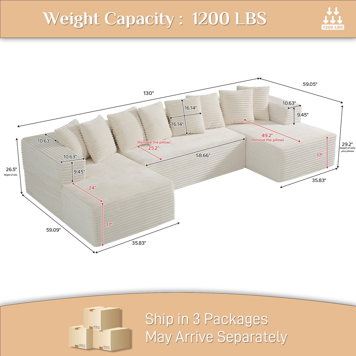 Wiilayok U Shaped Sectional Sofa,Modular Cloud Corduroy Sofa Couch with Extra Deep Seat for Living Room Sofa, No Assembly, Beige
