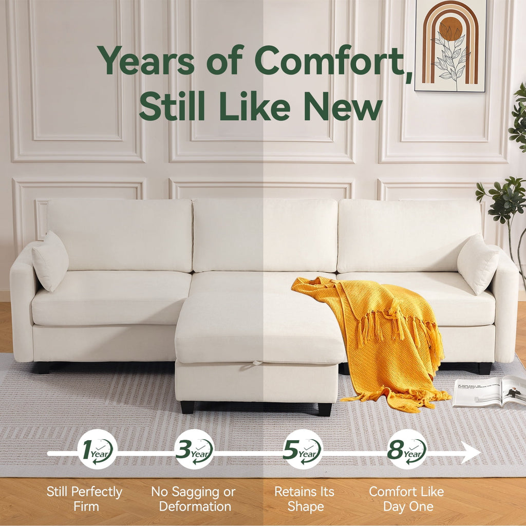 109" L-Shaped Modular Sectional Sofa with Sleeper Bed, Storage & Movable Ottomans, Oversized Deep Seat Cloud Couch, Convertible 4-Seat Sofa for Living Room or Apartment (Beige, High Legs 3.15")