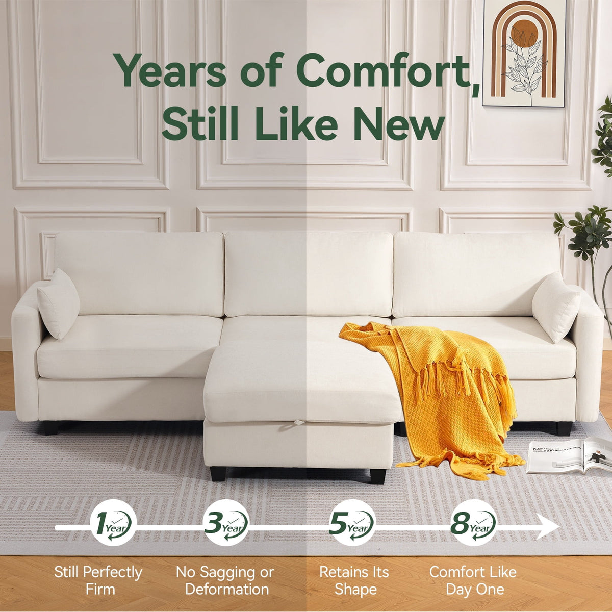 109" L-Shaped Modular Sectional Sofa with Sleeper Bed, Storage & Movable Ottomans, Oversized Deep Seat Cloud Couch, Convertible 4-Seat Sofa for Living Room or Apartment (Beige, High Legs 3.15")