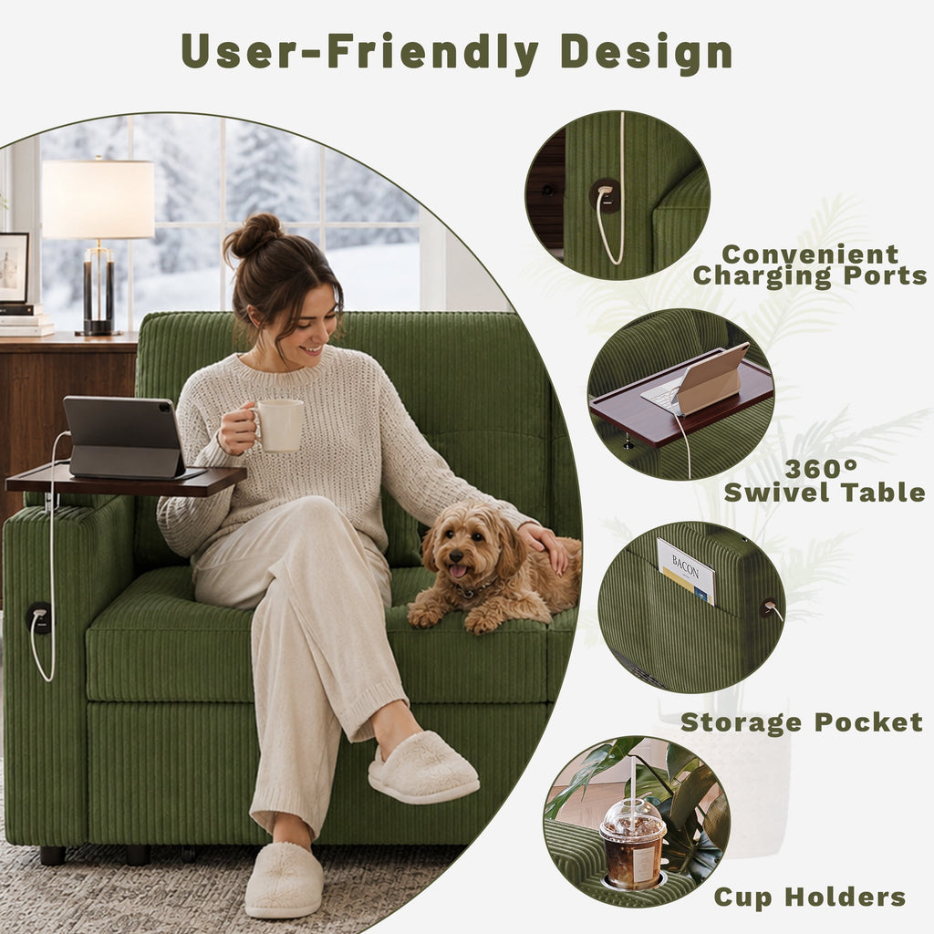 73" Queen Size Sofa Bed, Loveseat Sleeper Sofa with Pull Out Bed, 360° Swivel Table and USB, Modern 2 Seater Convertible Corduroy Couch for Living Room Bedroom Apartment, Green