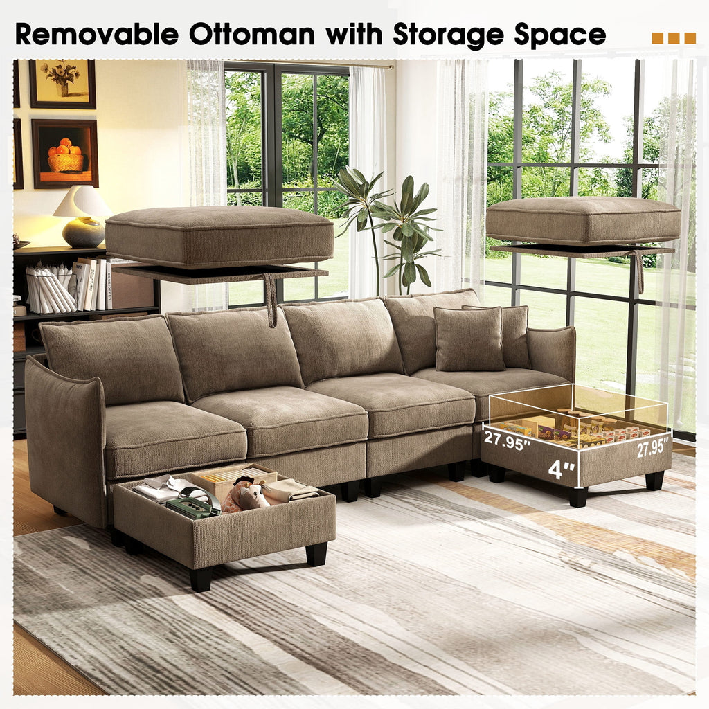  112" Modular Sectional Sofa with 2 Moveable Storage Ottoman, Cloud Couch Seats 6, Modern Living Room Furniture, Chenille Brown